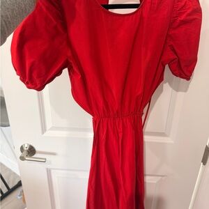 Zara Vibrant Red Midi Dress with Puff Sleeves